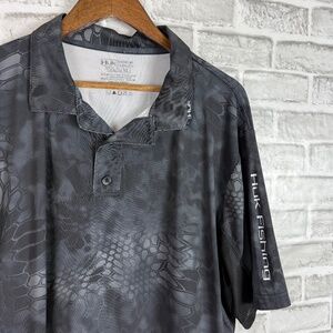 HUK Fishing Black Smoke Reptile Print Performance Polo Shirt Mens XL Stretch